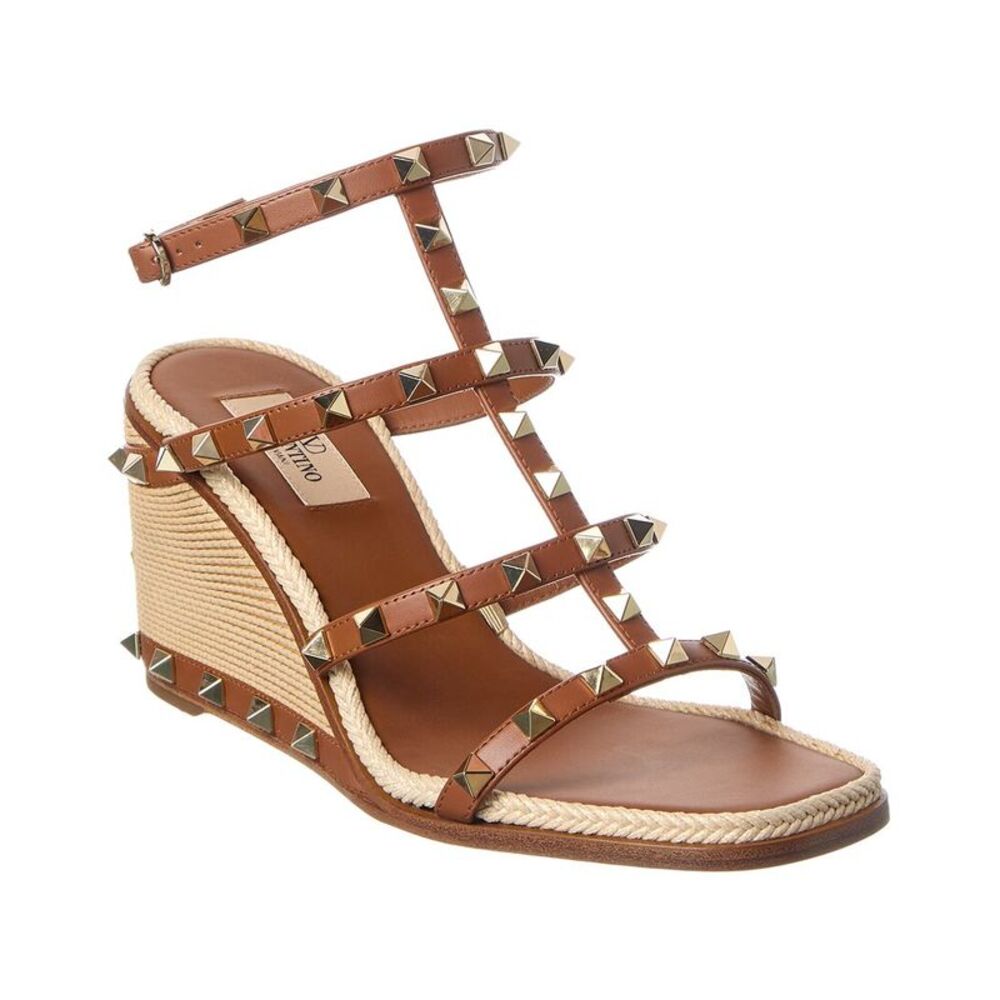 Valentino Rockstud Caged 90 Leather Ankle Strap Wedge Sandal, Tan